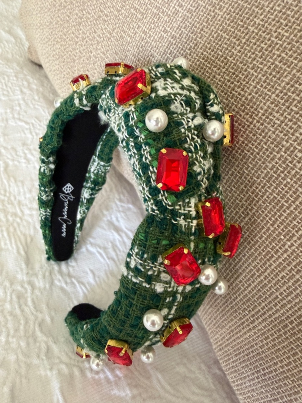Green Embellished Tweed Headband with Red Gems and Pearls by Brianna Cannon